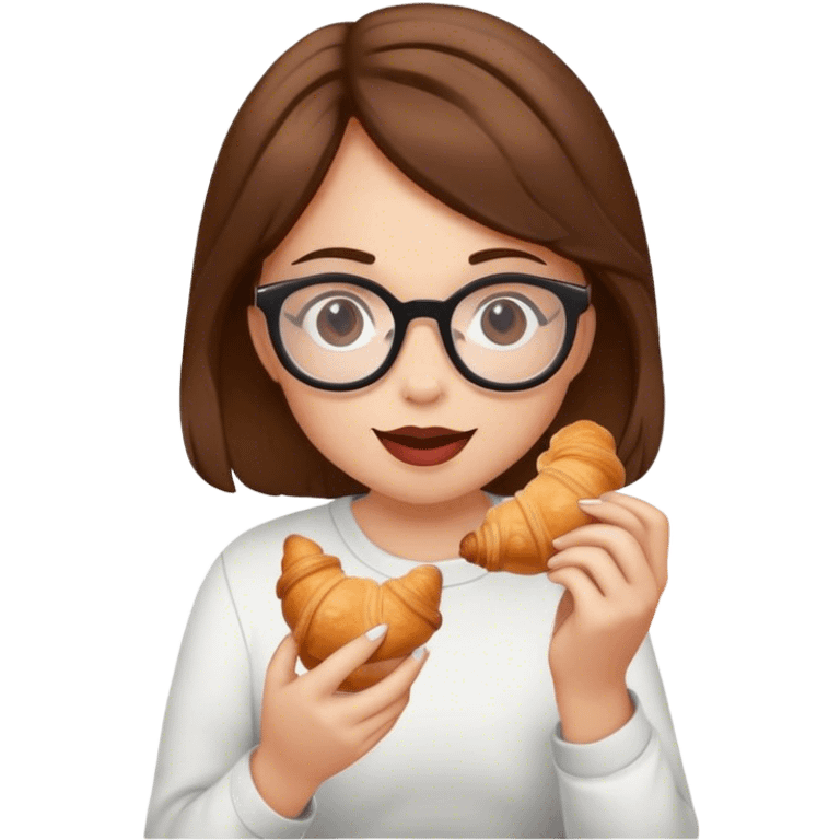 Girl with brown hair, with glasses is eating a croissant  emoji