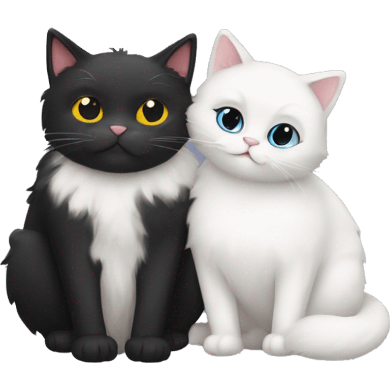 A Black cat and a fluffy white cat cuddling  emoji