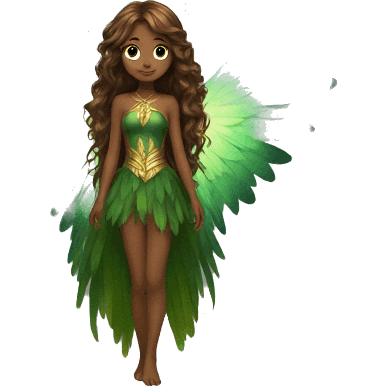 big wings, Beautiful, fairy, gold, brown, dark green, green, long hair emoji