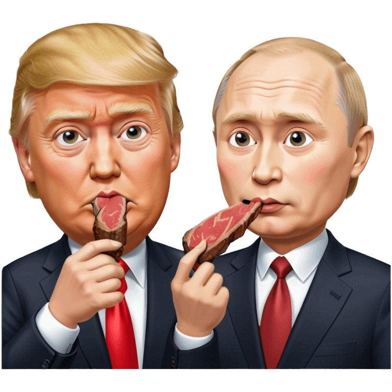 photorealistic Donald Trump and Putin eating a steak shaped like an piece of land emoji