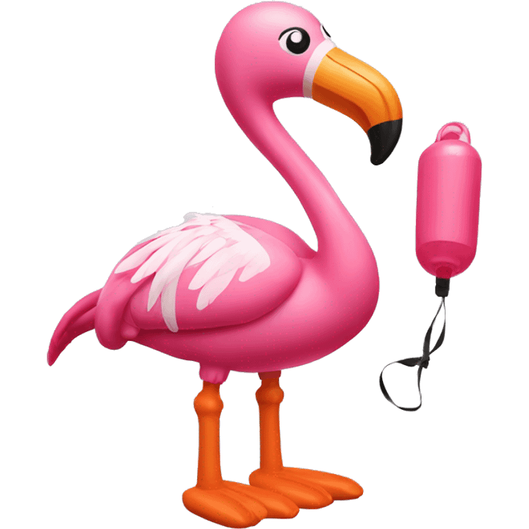 Inflatable flamingo wearing arm bands and has a whistle emoji