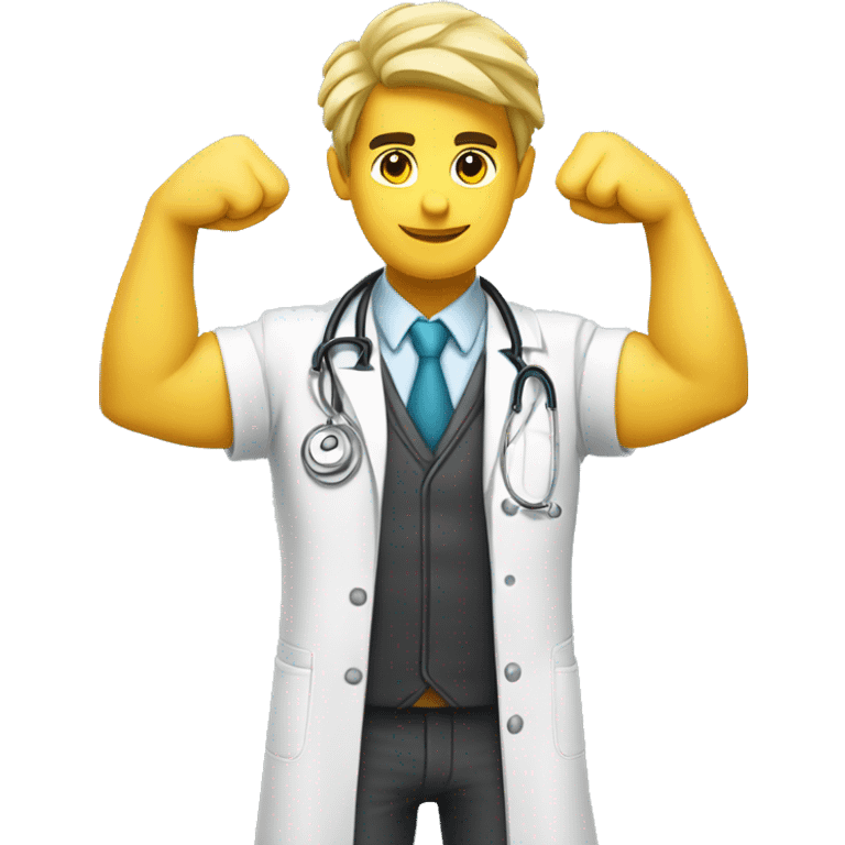 young male doctor flexing his bicep, yellow skin, using 2 colors: #ff9800 and #32b5a5 emoji