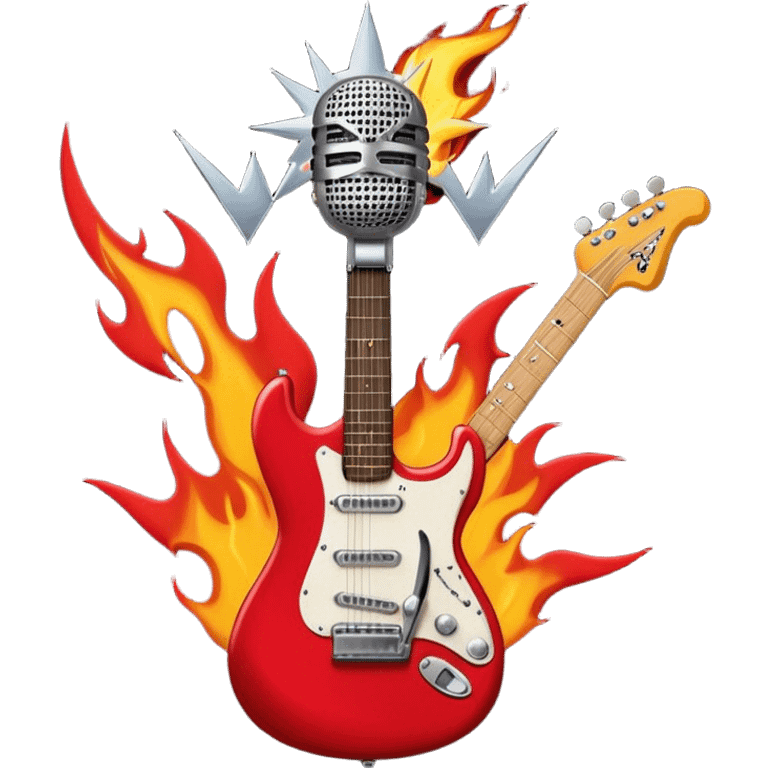 Create a bold and dynamic emoji representing rock vocal performance in a humanless collage. The design should feature a vintage microphone at the center, surrounded by key rock elements like an electric guitar, drumsticks, and a guitar pick. Include symbols of energy, such as lightning bolts or flames, and subtle musical notes or sound waves to evoke the raw power of rock vocals. Use dark, bold colors like black, silver, and red, with hints of chrome or metallic accents to convey the edgy, rebellious spirit of rock music. The background should be transparent. emoji