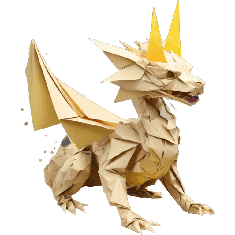 Sparkling patterned Beige Origami dragon with a dried flower crown made of newspapers intricate patterns surrounded by fairy lights nebula galaxy stars swirls iridescent yellow emoji