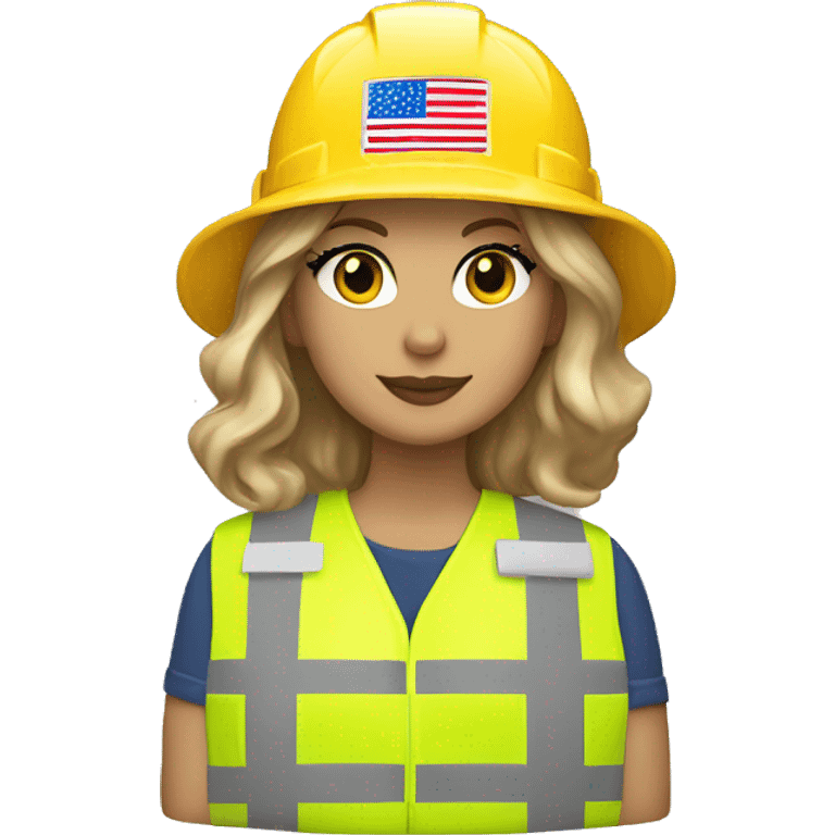 Taylor Swift is a construction worker wearing a patriotic dress with a neon yellow safety vest over the dress. she also has a hard hat and a patriotic patch on the vest.  emoji