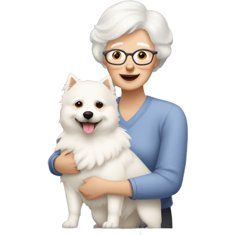 a grandma with short haircut and light blonde hair hugs a white spitz dog emoji