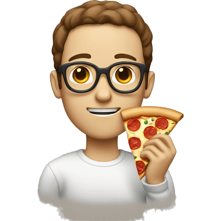 White nerd with brown hair eating pizza emoji