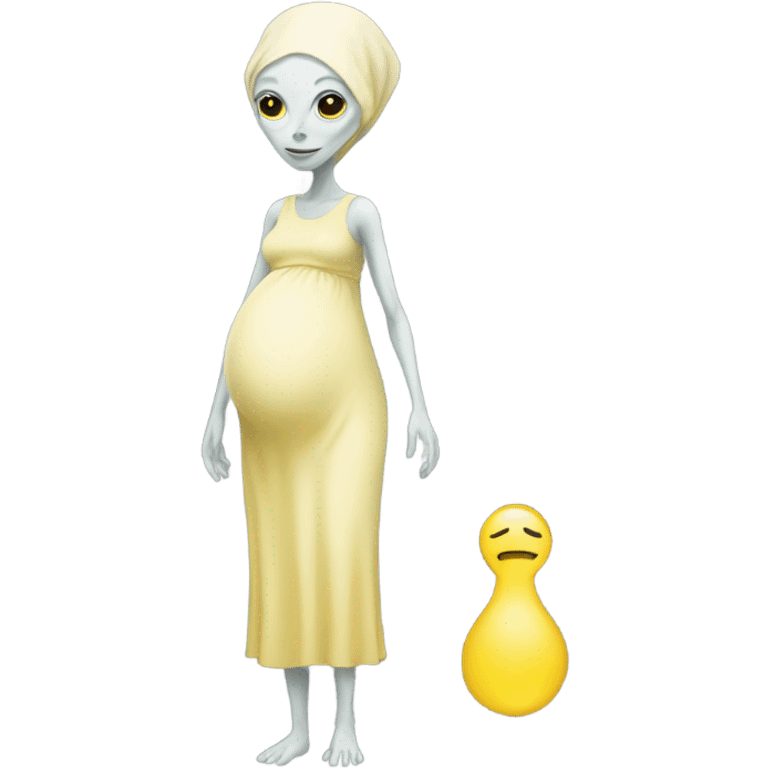 Pregnant white alien woman, full body in jellow  dress emoji