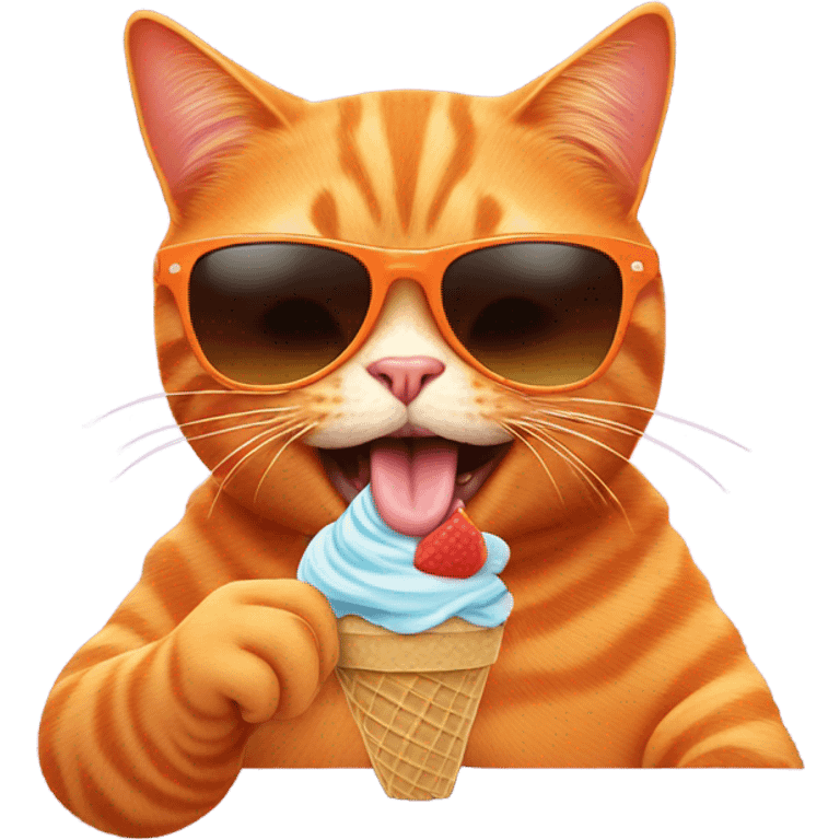 orange cat with sunglasses eating icecream emoji