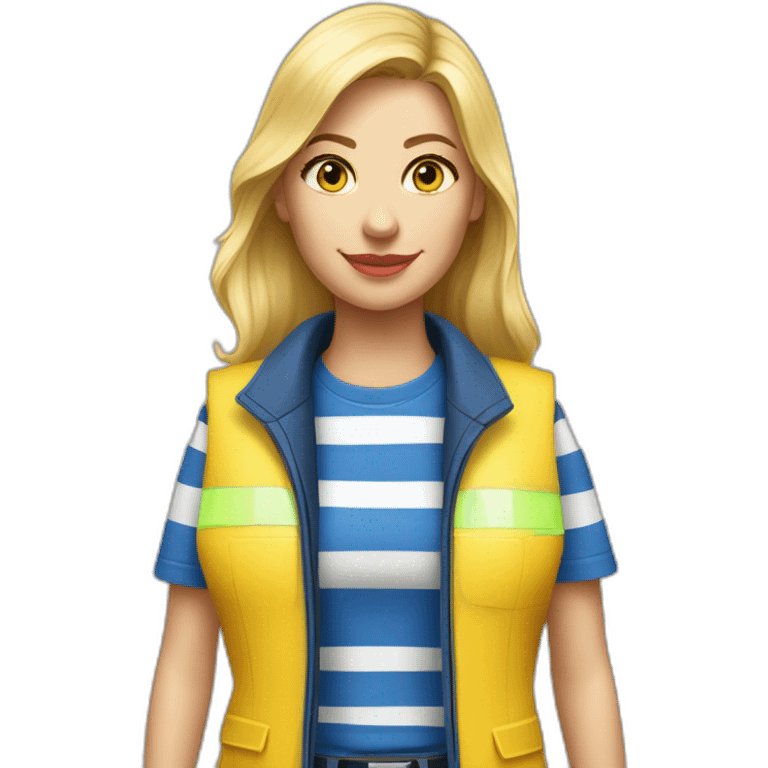 Ikea coworker blond woman blue stripes t-shirt and yellow security vest with trolley scan emoji