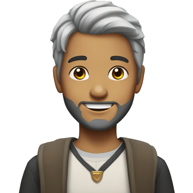 smiling boy with beard grey patch of hair on the temples and a crown emoji