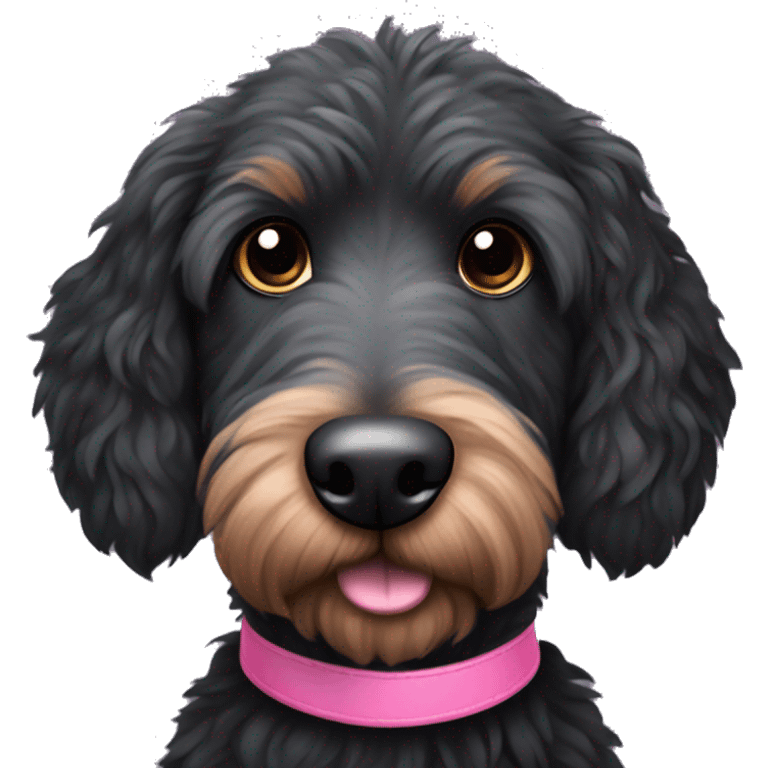 Scruffy black Australian doodle dog with pink collar and brown eyes and long black eyelashes  emoji