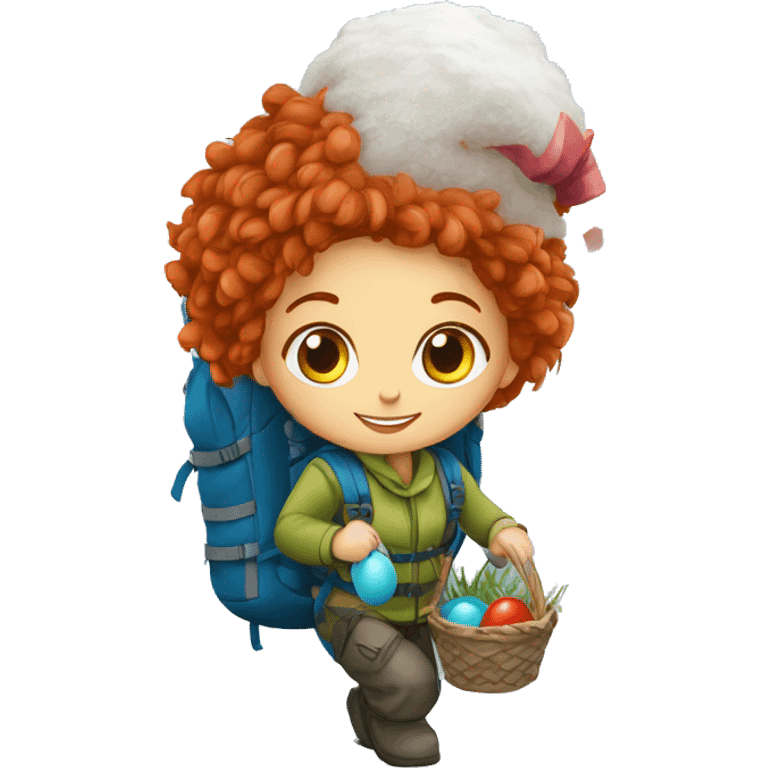 Female winter mountain climber red hair climbing, Greek flag on backpack and holding Easter eggs basket emoji