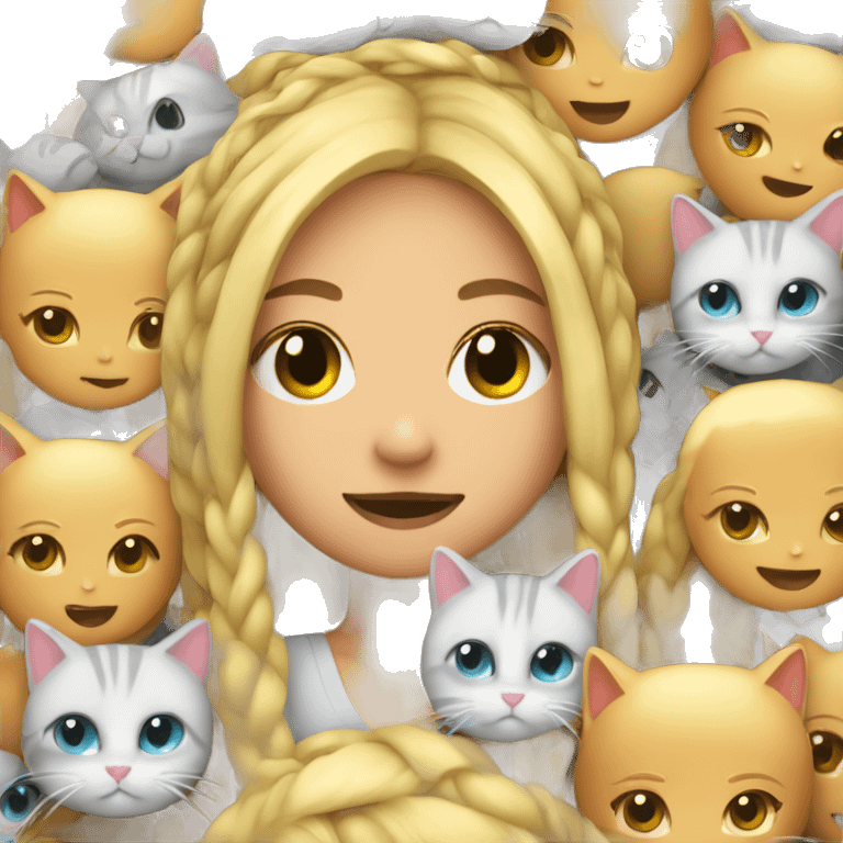 blonde girl with braids cuddling with a lot of cats emoji emoji