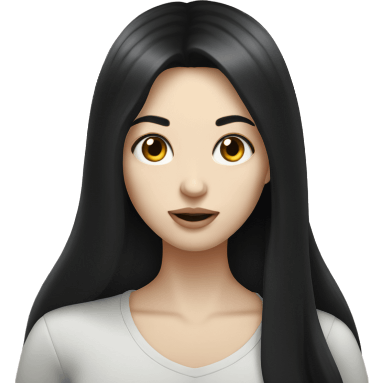 Pale girl with long black hair eating emoji