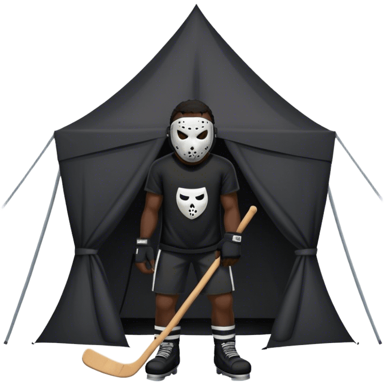 dark skinned black man standing in front of tent wearing a black t shirt with a scary hockey mask emoji