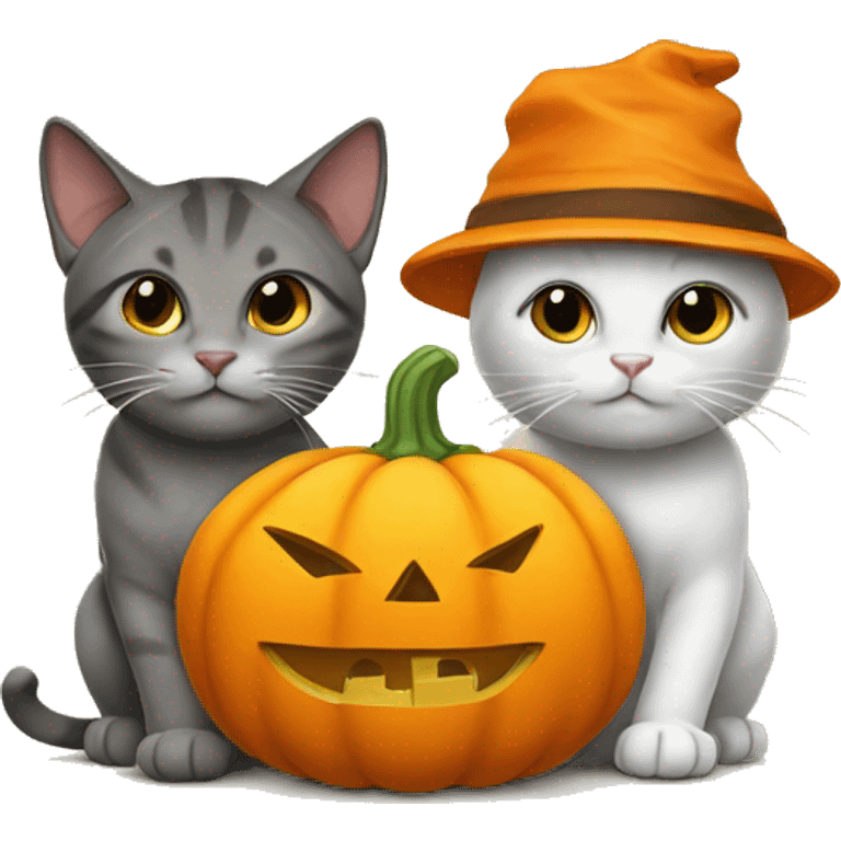 cat with another cat wearing pumkin hats emoji