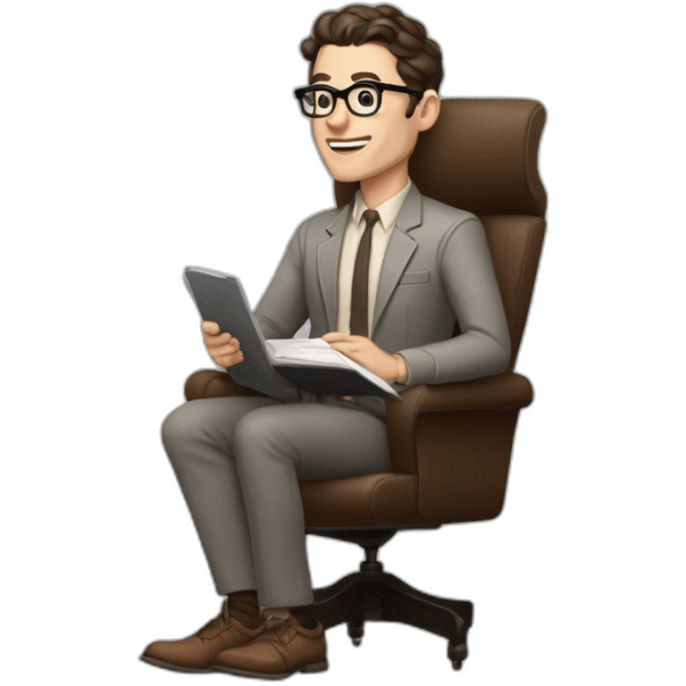 Pale skinned Fit Man With dark brown hair in gray jacket, beige office shirt, Brown pants and vintage glasses sitting In a soft chair with a notebook with emblem Ψ and a pen in his hands emoji