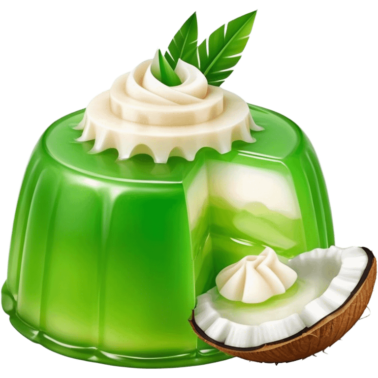 Cinematic Realistic Coconut Pandan Jelly Dessert Emoji, showcasing a delicate, translucent jelly infused with coconut and pandan rendered with lifelike detail and soft, tropical lighting. emoji