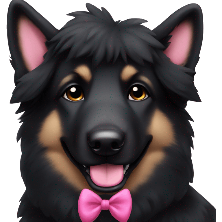 Cute black German shepherd dog with all black fur and with pink bow on her head emoji