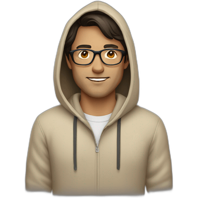 Man with dark brown hair and glasses wearing a beige hoodie emoji