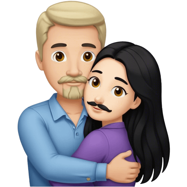 Tall white man with brown mustache goatee AND a short pale woman with long black hair, hugging emoji