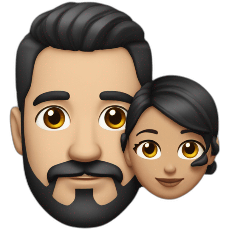 Very short haircut hair white latino man with skin fade, detailed moustache and beard, cuddling his wife black woman with straight black hair with a pony tail and big earrings emoji