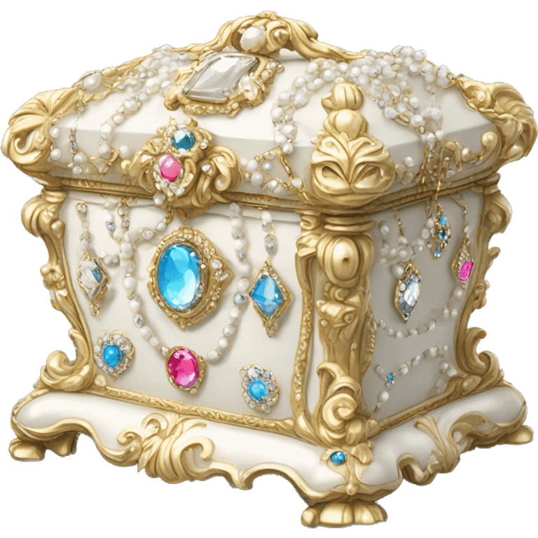 White rococo style jewelry box filled with jewels and diamonds emoji