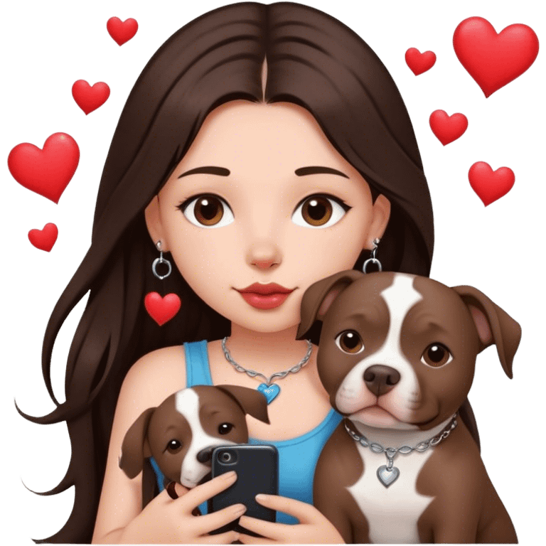 Young girl with long dark brown layered hair hair sits with her one dog who is a pretty girl pitbull with her cell phone in her hand in a small septum ring in her nose was hearts flying all around her emoji