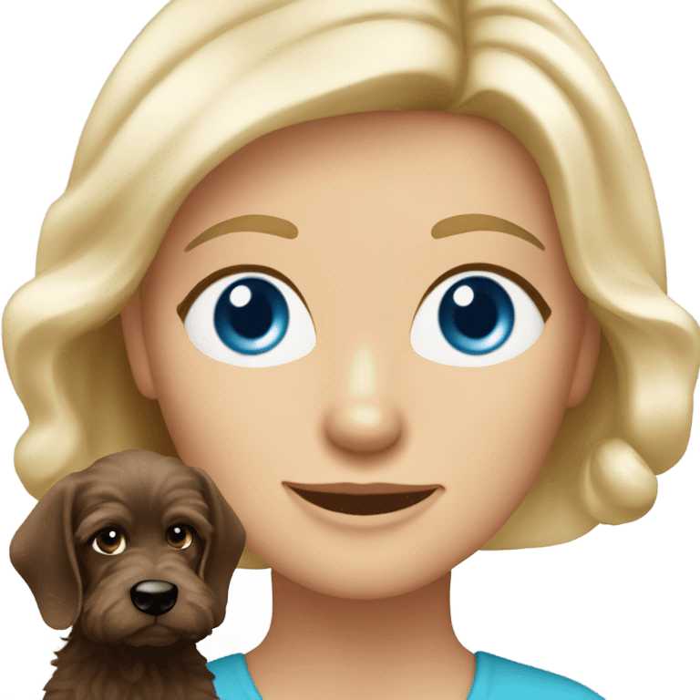 62 year Old blue eyed blonde lady with long straight hair with dark brown Cockapoo puppy dog emoji