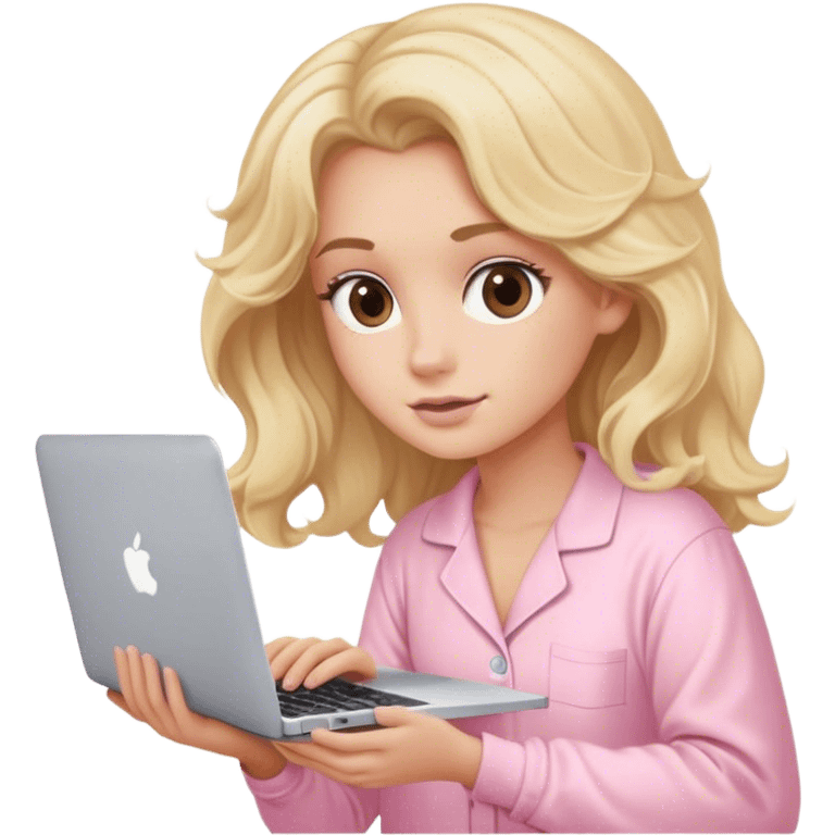 Blonde model with brown eyes, wavy hair, pastel pink pajamas, typing behind MacBook  emoji