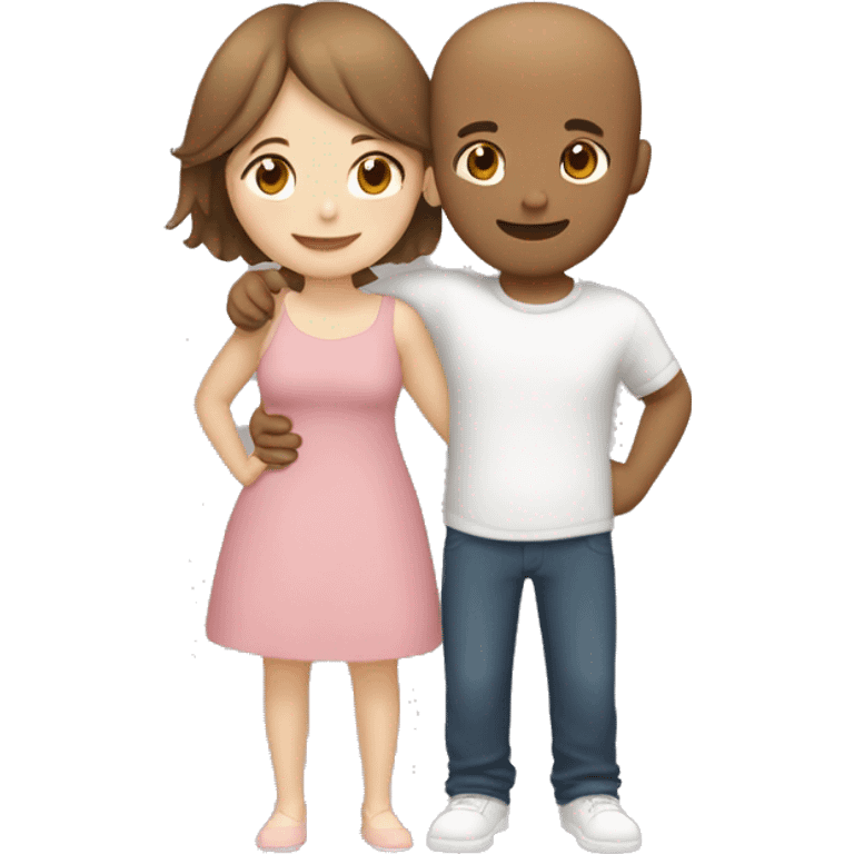 Two girls and one guy hugging each other, one girl white skin brown hair, other girl white skin no hair, guy is standing in the middle and has short brown hair emoji