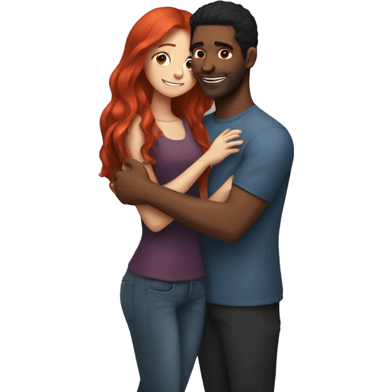 A girl with long red hair hugs a black-haired guy emoji