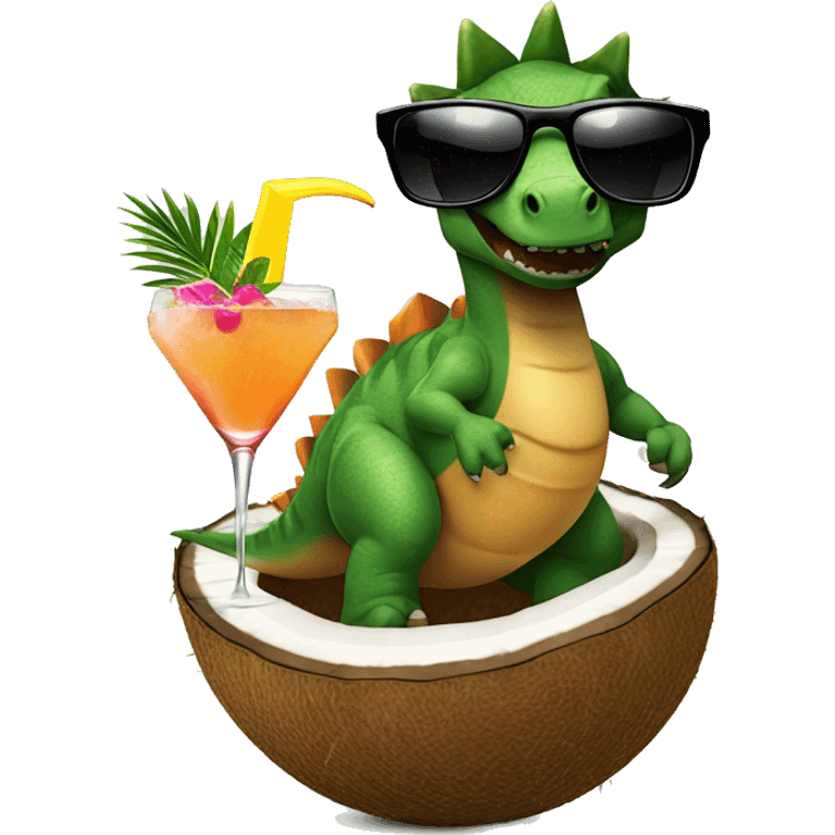 Dinosaur in a coconut bra and sunglasses with a tropical cocktail emoji