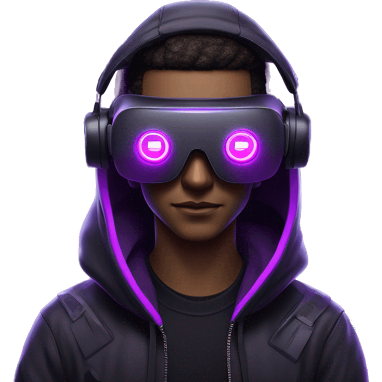 Cyberpunk style. Violet neon. Man with light skin in the black hoody with violet OMG VR logo on it wearing vr headset oculus quest 2 emoji