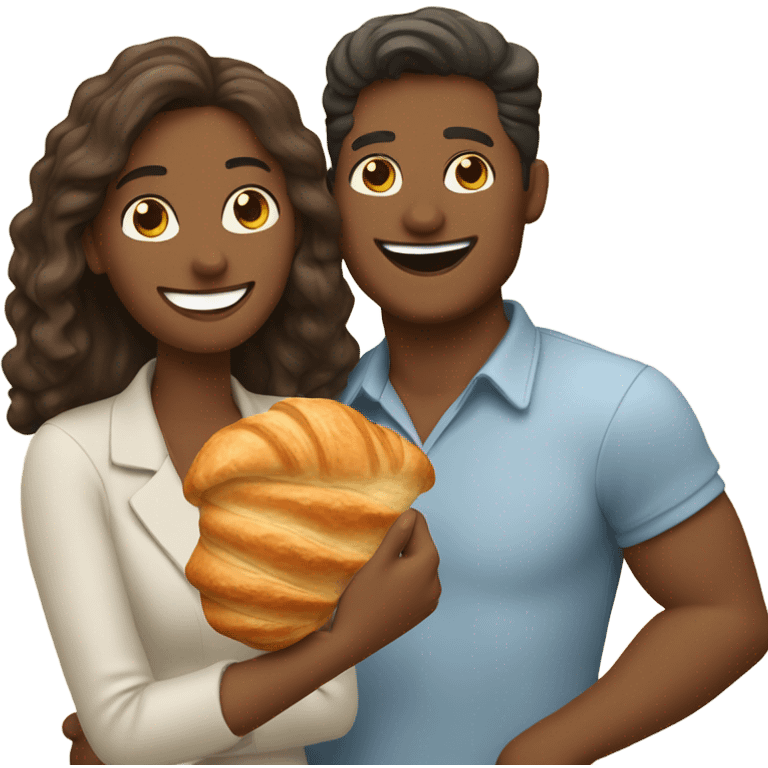 a happy woman and a man are friends and holding a croissant emoji