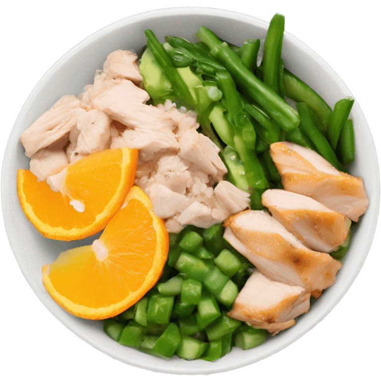 Poke bowl with chicken, avocado, orange, cucumbers and green beans; side view emoji