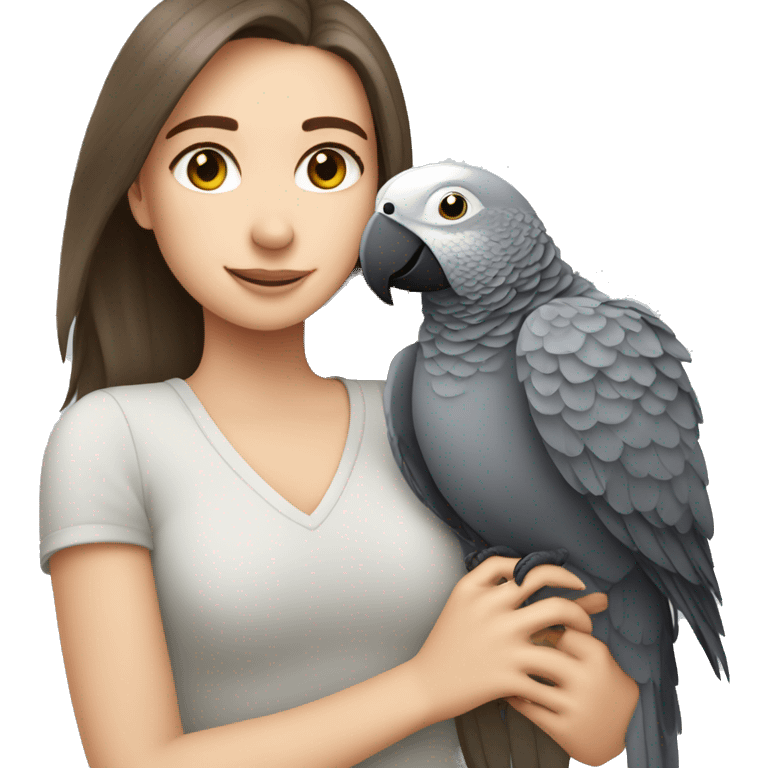 white brunette girl hugging an African grey parrot emoji