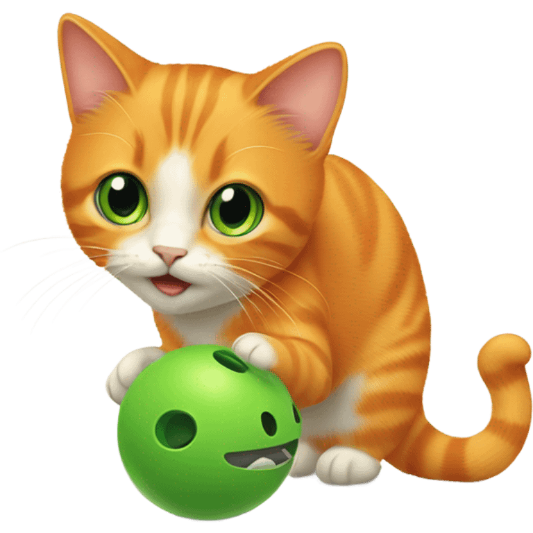 Orange cat playing with a green toy mouse emoji