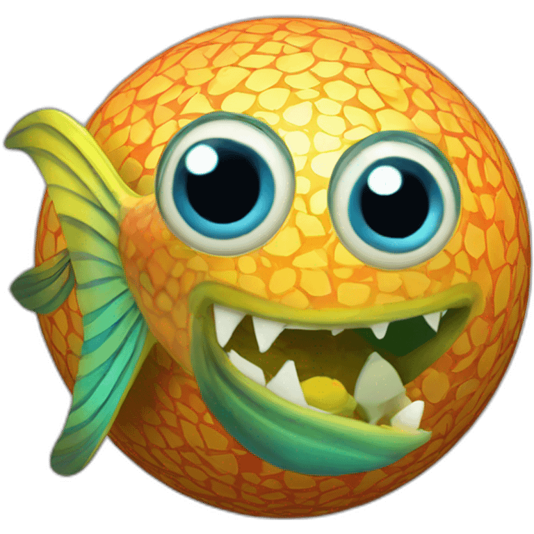 3d sphere with a cartoon hypnotic vine Tropical Fish skin texture with feminine eyes emoji