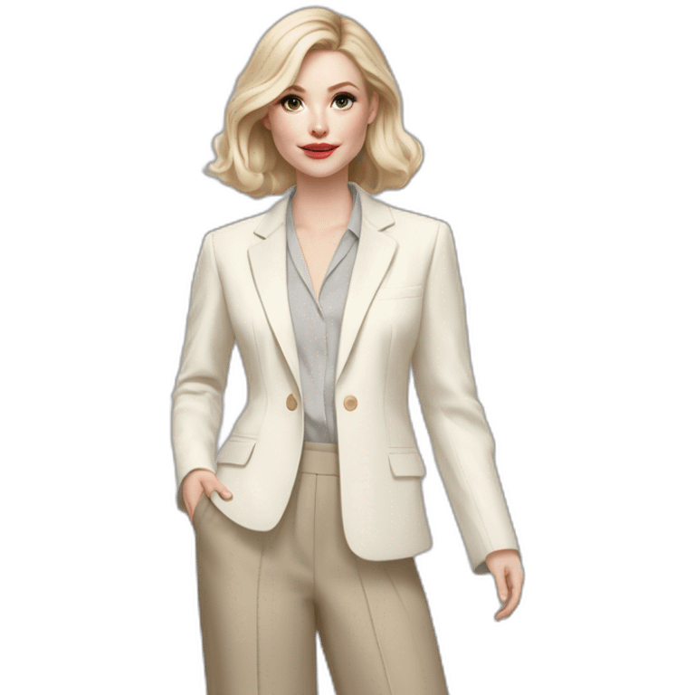 pale skin woman with ash blonde Straightened bob Hair, White Spacious classical jacket, beige palazzo Arrow pants and gray blouse holding a color palette in the hands emoji