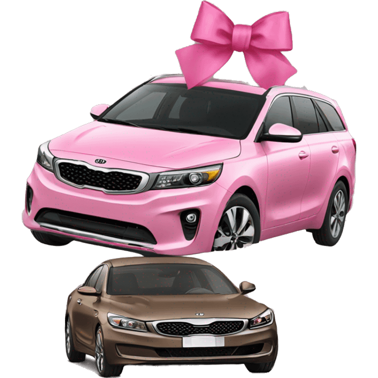 Brown Kia would with girl driving and a pink bow on top of the car emoji