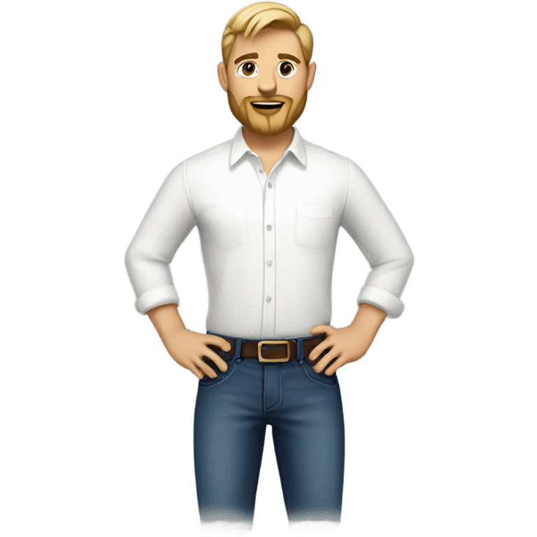 english man, very short hair dark blonde, blonde medium length size full beard, in a smart white unbuttoned shirt. emoji