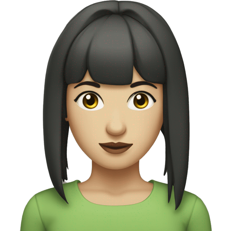 dark haired women with chopped bangs and a bun, west asian appearance, pale skin, green ey emoji