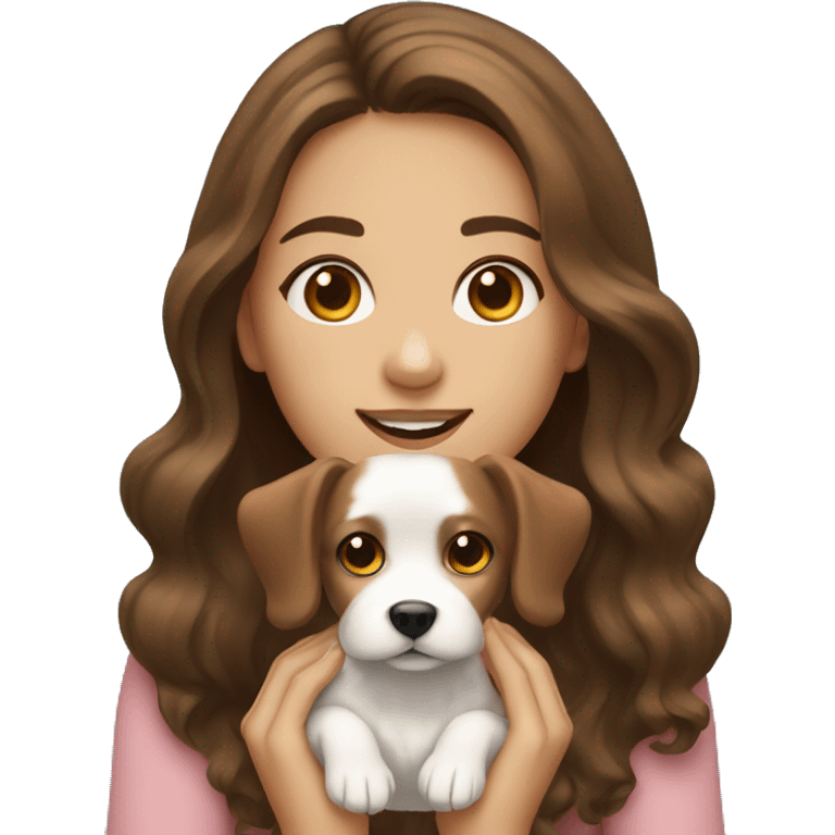 A girl with long wavy brown hair and brown eyes holds a small white dog. emoji