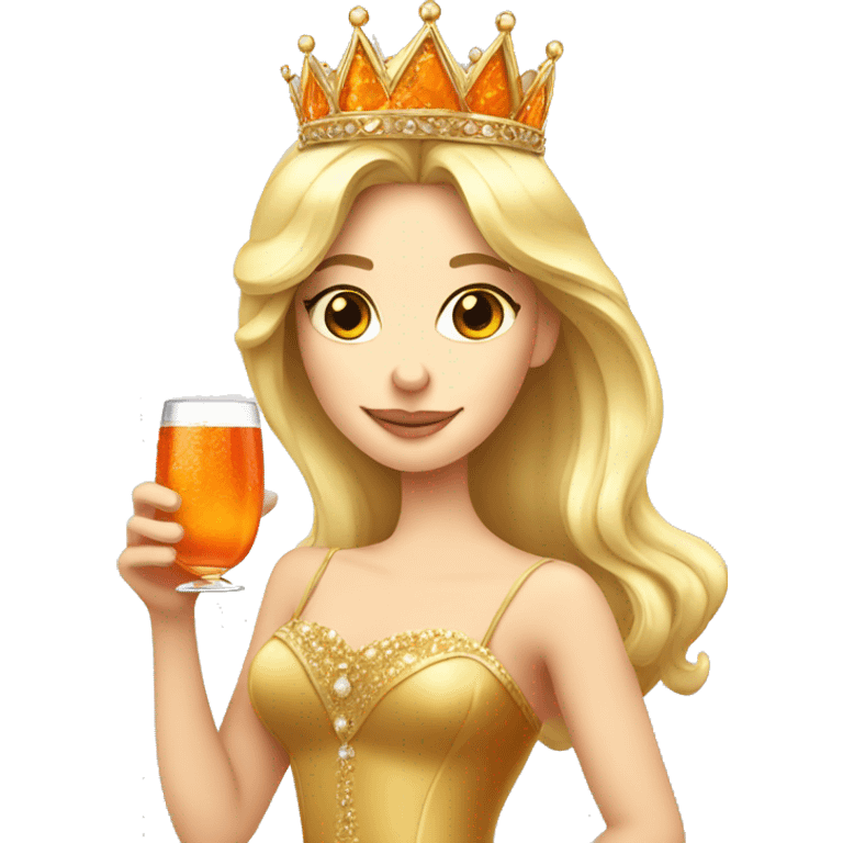 beautiful blond princess with crown in a golden dress drinking aperol emoji