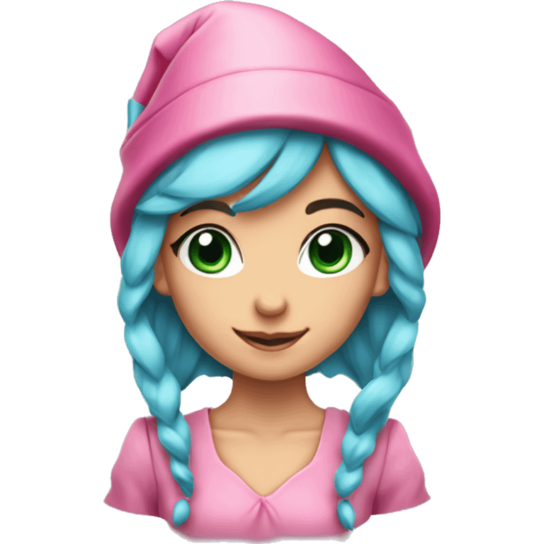 Elf girl with blue eyes pink hair green Christmas hat with pointy ears emoji