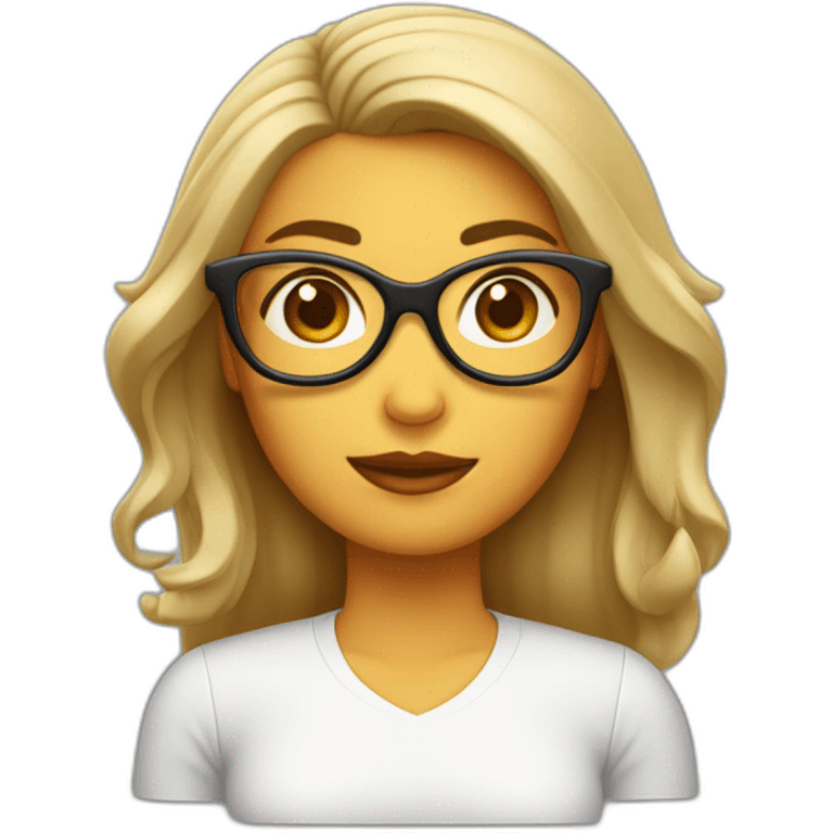 mujer blanca cachetona con cabello cafe y gafas trabajando en el portatil apple emoji