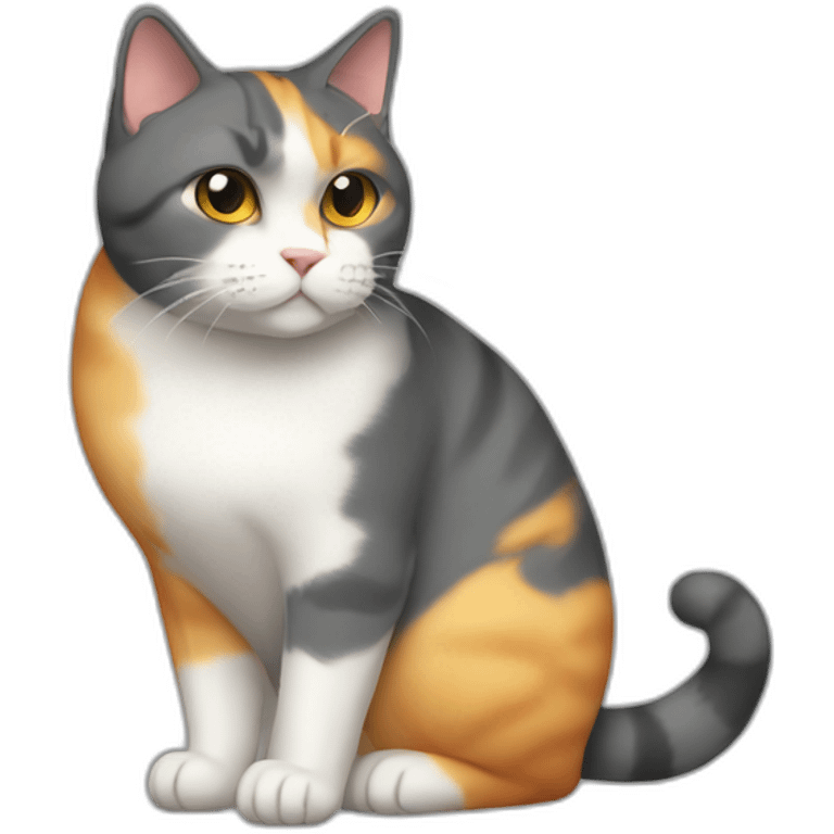 darkgray, white, and yellowish-orange cat with a fat belly emoji