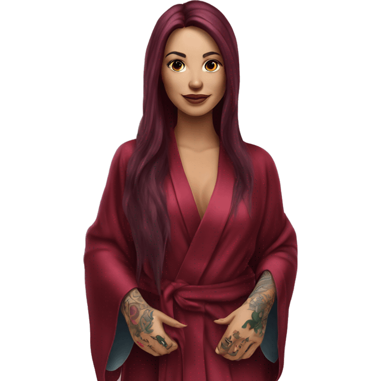 Beautiful tattooed burgundy long haired woman in silk robe emoji